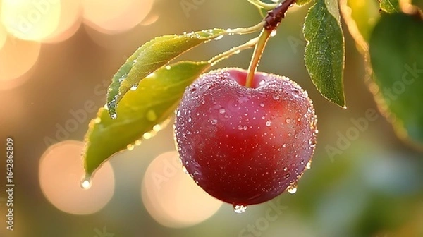 Fototapeta Sweet cherry glistens with morning dew drops, a fresh taste of summer on a tree branch in the sunshine