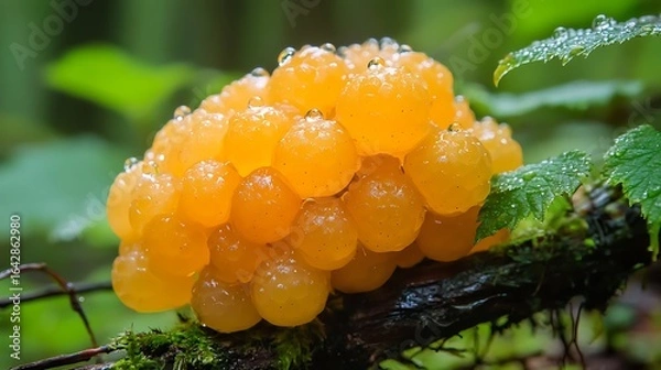 Fototapeta Discover vibrant witch's butter fungus glistening with raindrops in a lush, enchanting forest setting