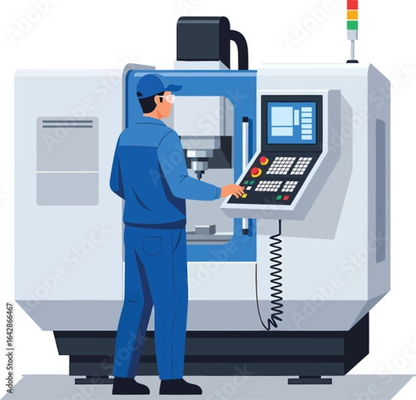 Fototapeta Technician operating a modern CNC milling machine in a factory setting.