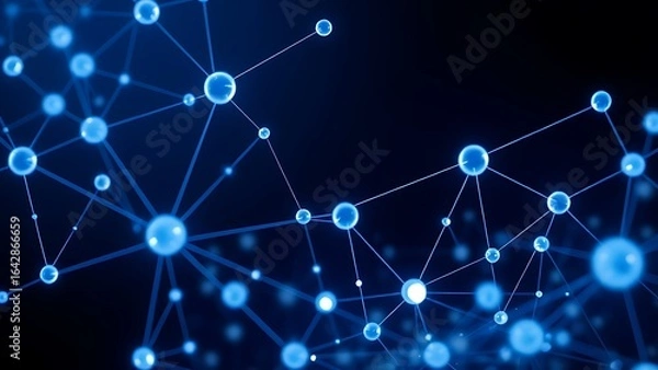 Fototapeta Abstract blue and white interconnected spheres with glowing nodes, symbolizing a digital network on a dark background.