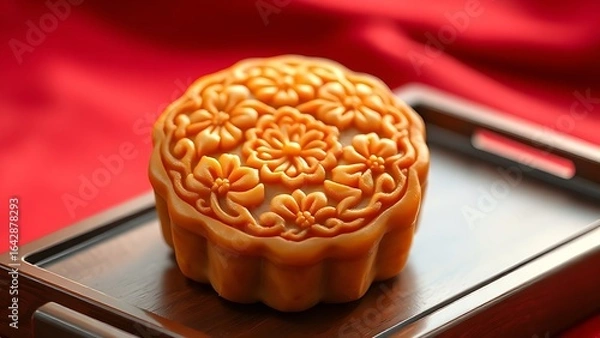 Fototapeta Traditional mooncake with floral imprints on a lacquered tray, golden light highlighting its glossy surface.