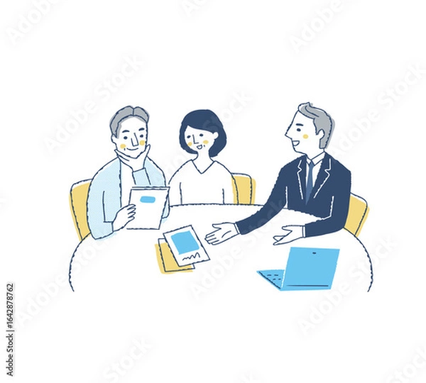 Obraz パンフレットを見ながら相談をする夫婦と接客をする担当者