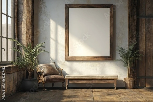 Fototapeta Wooden rustic cabinet near a wall with a blank poster frame, providing a modern living room design. 3D rendering, Generative AI