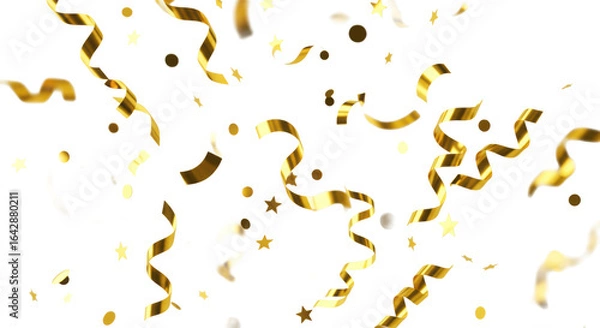 Obraz Golden metallic confetti, disc, star, strip shapes, floating upwards on a transparent studio background with copy space, concept of triumph and celebration
