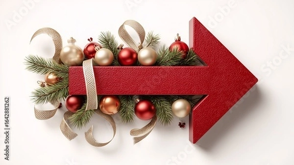 Obraz Red right arrow with Christmas ornaments and ribbon decoration