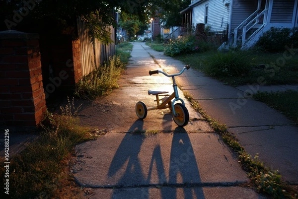 Fototapeta A childâ€™s tricycle left upright on an empty suburban sidewalk at twilight