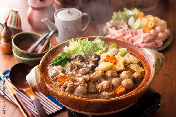 Fototapeta 【ちゃんこ鍋】大きな鍋に鶏肉・豚バラ肉・たっぷりの野菜。沢山の食材が一度に楽しめるちゃんこ鍋。