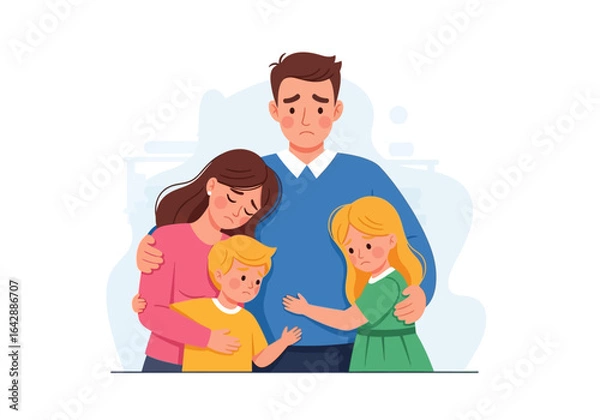 Fototapeta Sad family of four embracing, reflecting on difficult circumstances. Suitable for family counseling materials or emotional support resources.