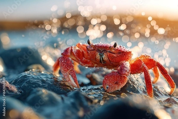 Fototapeta Red crab on rocky shore with droplets sparkling under sunlight