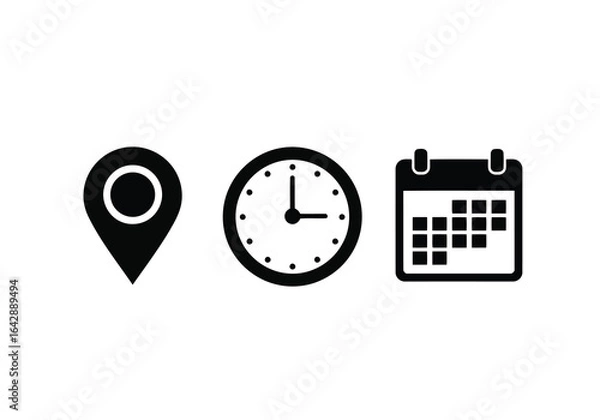 Fototapeta Vector illustration of photo of a set of icons representing location, time, and calendar, symbolizing planning and scheduling for travel or events, isolated on white background