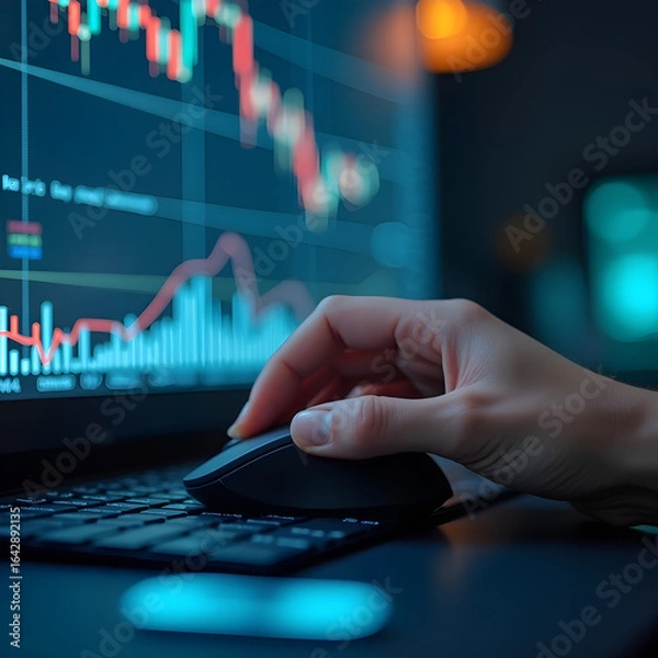 Fototapeta A detailed shot of a hand resting on a computer mouse. The screen displays a complex predictive model, with generative AI analyzing past data to forecast future market trends. The hand's presence sign