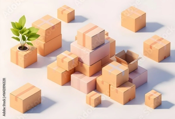 Fototapeta Isometric Stacked Packaging Boxes with Open Box and Potted Plant