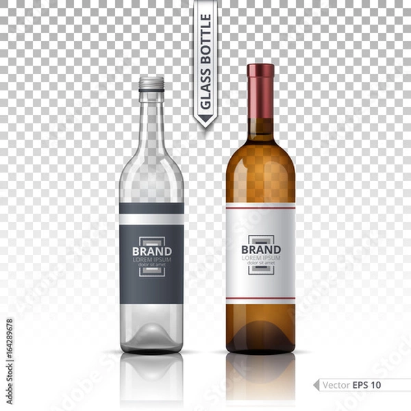 Obraz Wine and Vodka bottles isolated on transparent background. Vector 3d detailed mock up set illustration