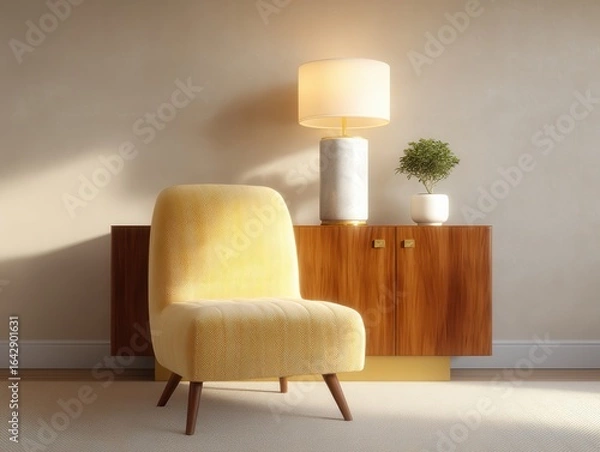 Fototapeta Cozy Corner: A warm and inviting indoor scene, where a yellow armchair nestles alongside a vintage wooden cabinet, topped with a bright lamp and potted plant, radiating a sense of calm and comfort.
