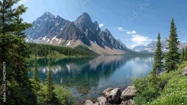 Fototapeta Serene mountain lake scene with towering pines.