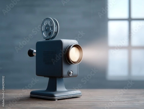 Fototapeta Retro Projector’s Cinematic Spotlight: A classic film projector casts a warm, inviting glow, suggesting storytelling, nostalgia, and the art of cinema.