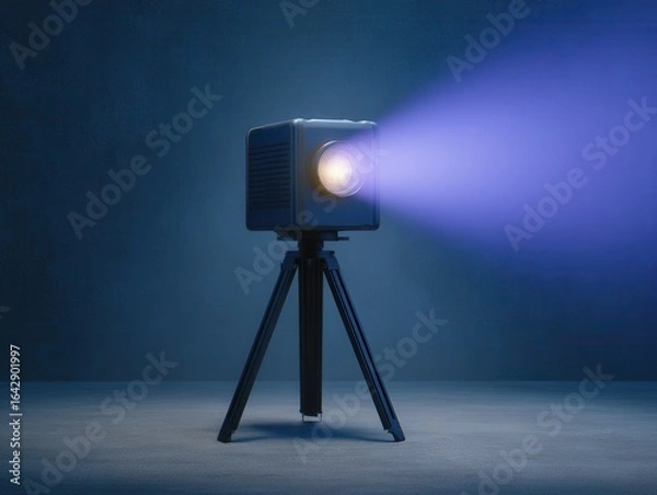 Fototapeta Mini Projector: An advanced, miniature projector stands on a tripod, casting a bright beam of light, set against a modern studio backdrop, perfect for presentations and cinematic experiences.