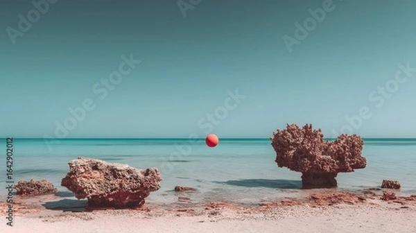 Fototapeta Coral rocks on a tranquil beach scene.