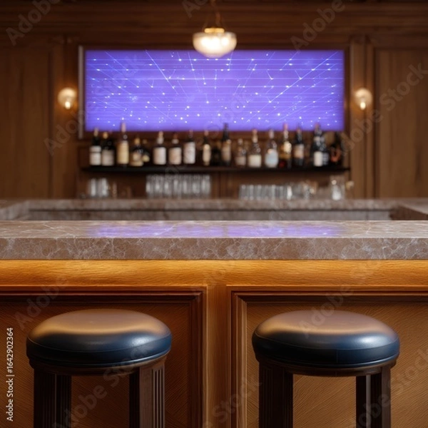 Fototapeta Elegant Bar: A sophisticated bar with a focus on luxury. showcasing two stylish bar stools and a range of alcoholic drinks, creating an atmosphere of relaxation and social gathering.