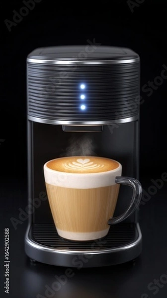 Fototapeta Coffee Machine Modern: A sleek, modern coffee machine steams up a freshly brewed cup of coffee, showcasing the art of a perfect morning ritual. A simple beauty, ready to be enjoyed.