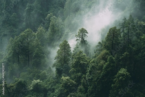 Obraz Misty mountain forest, aerial view, lush greenery, tranquil scene, nature background, wallpaper
