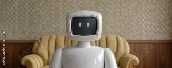 Fototapeta Smiling Companion: A friendly robot is sitting in a cozy living room, symbolizing advanced technology and friendly assistance.