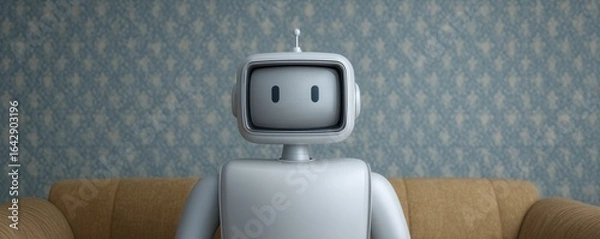 Fototapeta Modern Companion: A friendly, minimalist robot sits on a sofa, its screen-like face conveying a sense of calm and approachability, set against a backdrop of textured wallpaper.