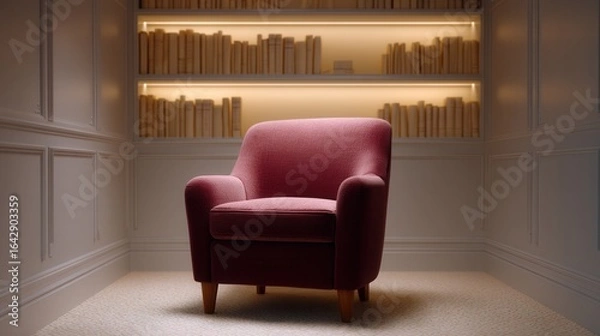 Fototapeta Cozy Reading Nook: An inviting, plush armchair in a sophisticated space, complemented by shelves of classic books, offering a tranquil sanctuary for reading and relaxation. 