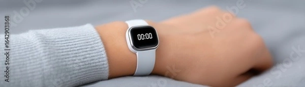 Fototapeta Time Check: A close-up shot showcases a wrist adorned with a sleek smartwatch, the digital display radiating clarity and precision. The focus is on time and technology in a minimalistic setting.