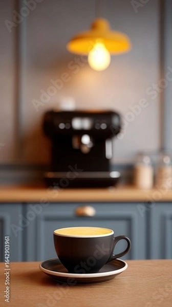 Fototapeta Artisanal Coffee Corner: A meticulously composed close-up showcases a perfect cup of expertly crafted coffee, accompanied by the inviting warmth of a home kitchen atmosphere.