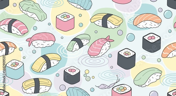 Obraz A seamless vector pattern of cute pastel sushi pieces floating with abstract bubbles and water ripples.