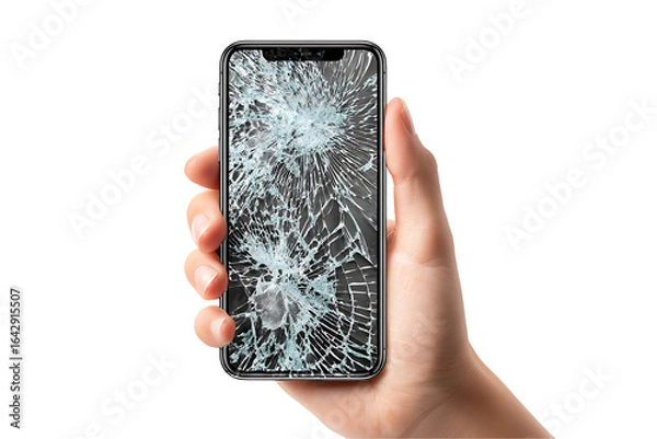 Obraz Cracked smartphone held in hand, isolated on a transparent background.