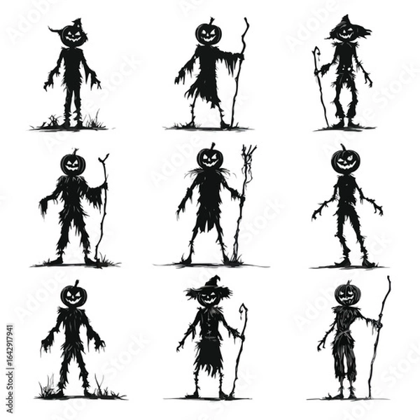 Fototapeta Vector silhouette set of Halloween Pumpkin-headed Scarecrow isolated in White background, silhouette Set, Halloween theme, Vector illustration 