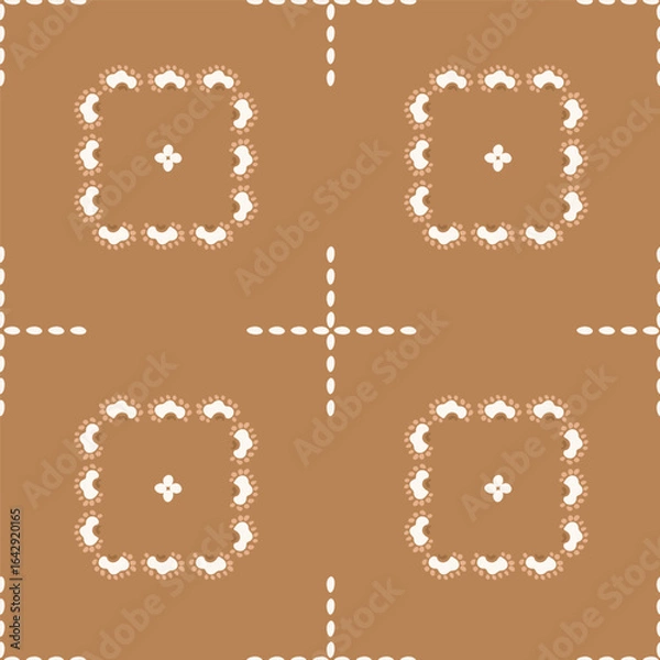 Fototapeta Hand painted floral squares and lines as an ethnic geometric pattern in colors of off white, cream and brown on mocha mousse pattern. Folk art seamless vector pattern. Great for home decor, fabric.