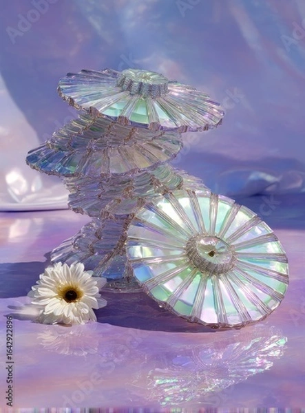 Obraz Stacked, iridescent, disc-like objects, atop a soft, purple backdrop