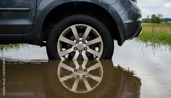 Fototapeta Car tire submerged in standing deep water reflecting cloudy sky  