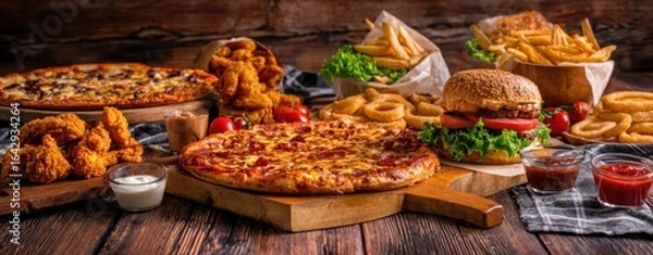 Obraz The delicious spread of assorted fast food favorites on a rustic wooden table.