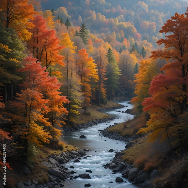 Obraz Beautiful Mountain River Flowing Through Vibrant Autumn Forest