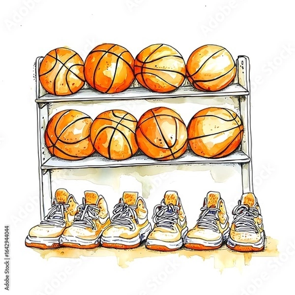 Fototapeta Basketballs and sneakers lined up on a rack for a game.