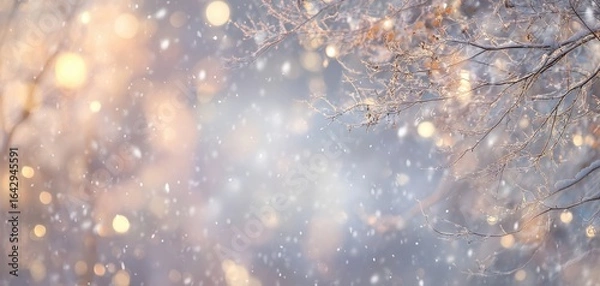 Fototapeta The enchanting winter scene with falling snow and shimmering lights.