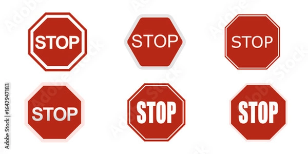 Fototapeta Standard Stop Sign Variations - Simple Vector Illustrations of Octagonal Red Traffic Signs with "STOP" Text in Different Styles

