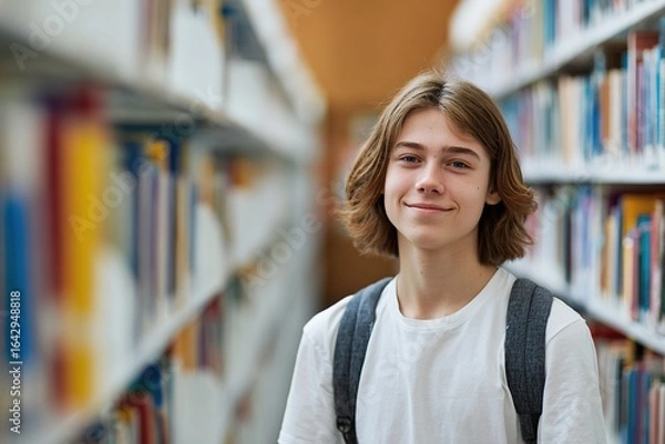 Fototapeta Teenage boy standing between shelves with books in the library. Concept of education, study, school.