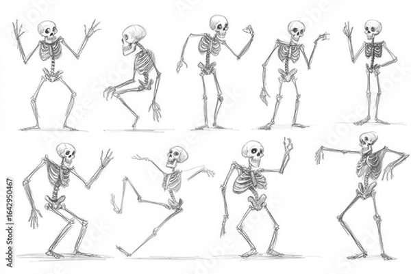 Obraz Skeleton character poses in various action stances.