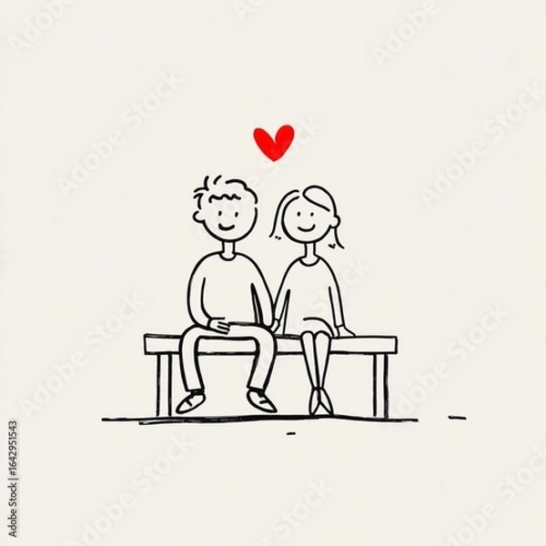 Fototapeta Cute and simple line art of a man and woman sitting together on a bench beneath a small red heart. Minimalist vector style, clean and bold shapes, t-shirt graphic. Romantic image.