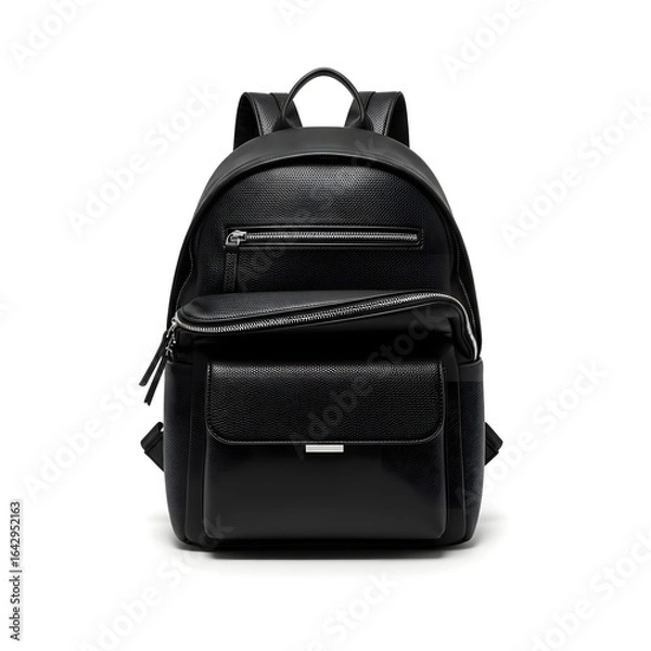 Fototapeta Ai generated image of fashionable black leather backpack isolated on white background with front pocket