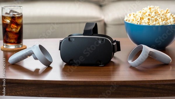 Fototapeta VR Headset with Popcorn and Drink Immersive Home Entertainment and Movie Night Setup