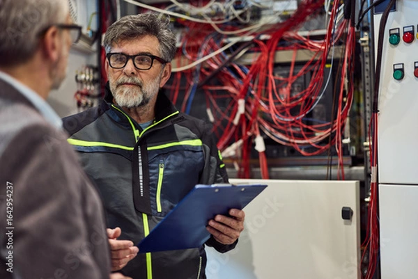 Fototapeta Technician Inspecting Equipment Cables in Electrical Room with Clipboard