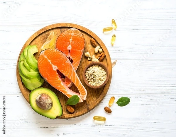 Fototapeta Healthy food arrangement featuring salmon, avocado, nuts, and omega-3 supplements on a wooden board