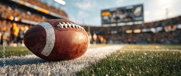 Fototapeta Close-up of a football on a field, stadium in the background