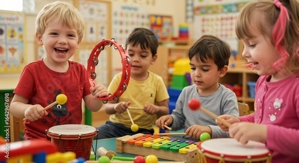 Fototapeta 笑顔輝く子供たち 音楽遊び 明るい教室 楽しい時間. AI Generated